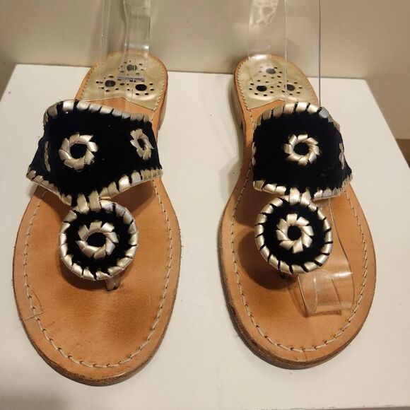 Jack Rogers Navajo Black Velvet w/Wht Leather Whipstich Thong Sandals Sz.6 $138 - Picture 1 of 5